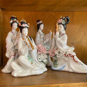 Set of 4 Floral Chinese Ladies Playing Instruments